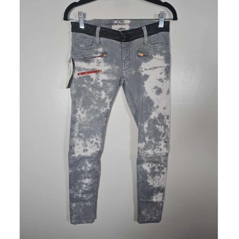 Etienne Marcel Grey Tie Dye Moto Skinny Jeans Black Leather Waist EM7034 Size 25